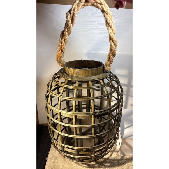 Rustic Wood Lantern Cage With Rope Handle 15.75” Tall - Picture 4 of 8